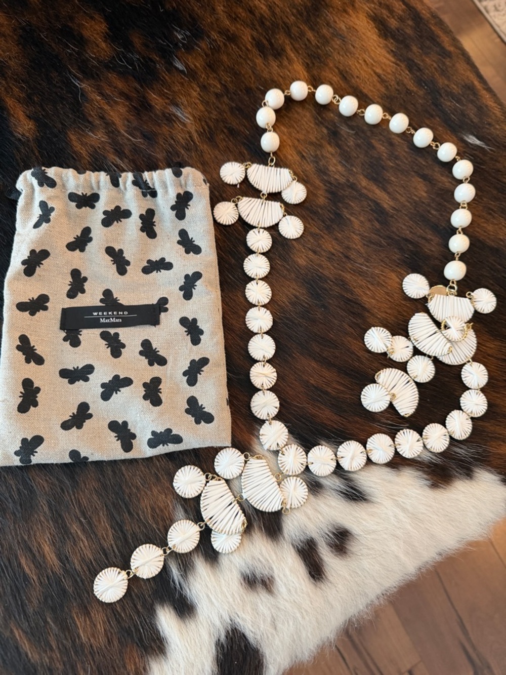 MaxMara White Beaded Statement Necklace with Gold Accents